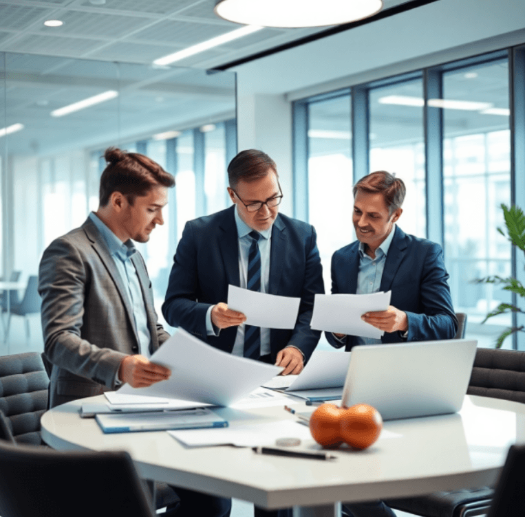 Three people in a business meeting looking at documents